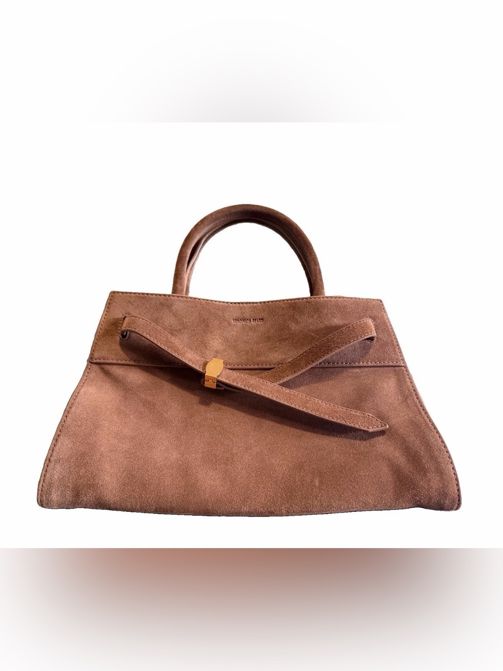 Veronica Beard Dash Suede Satchel Crossbody Bag Taupe Brown Gold Hardware